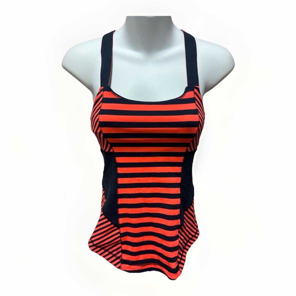 Lululemon Womens Tank Top Size 4 Orange Blue Striped Built In Bra Strappy Back